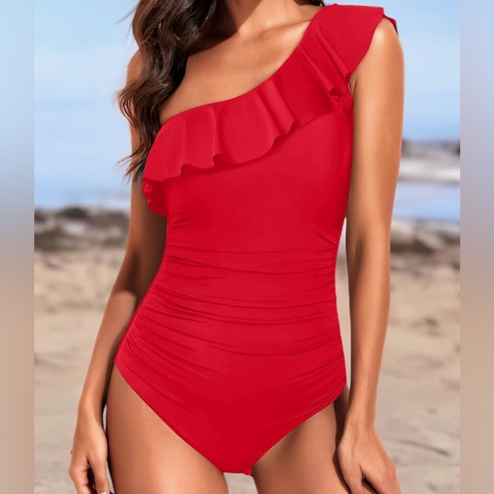 Hilor Women’s Red One Shoulder Swimwear Asymmetric Ruffle Tummy Control